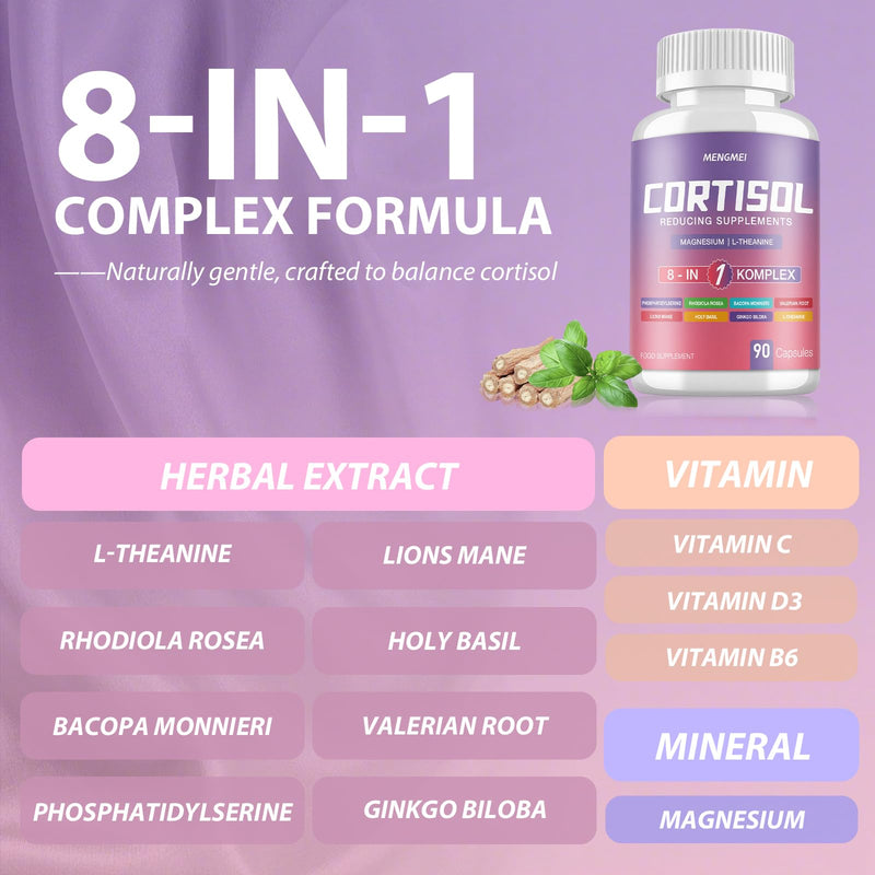 Cortisol Reducing Supplements for Stress & Mood Support, Ashwagandha 20:1, Magnesium, L-Theanine & Rhodiola Complex, Vitamins C D3 B6, Adaptogen Blend for Relaxation, Sleep & Focus, 90 Capsules
