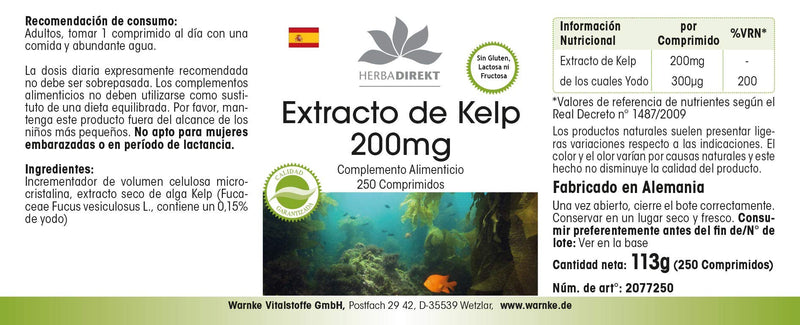 [Australia] - Kelp extract 200mg - 250 tablets - high dosage - vegan - natural iodine | HERBADIREKT by Warnke vital substances - German pharmacy quality 