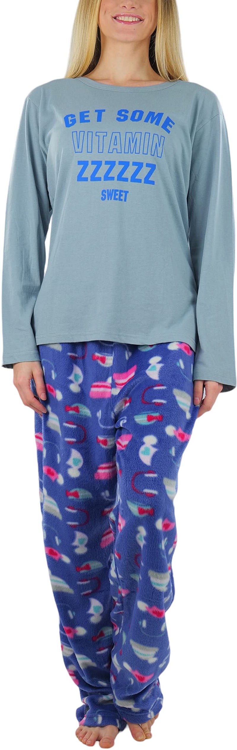 ToBeInStyle Women's Top and Drawstring Bottom Pajama Set X-Large Long Sleeve W/ Text - Get Some Vitamin Zzzzz