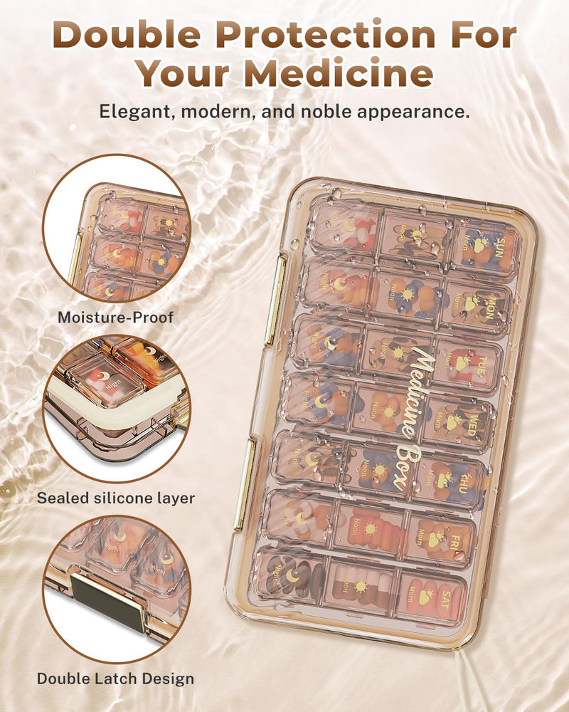 Weekly Pill Organizer 3x a Day - 7 Day Pill Box with 21 Compartments (Morning/Noon/Night), BPA-Free Daily Pill Case, Portable Medicine Organizer for Vitamins, Supplements & Medication【Upgrade】 (Brown) Brown