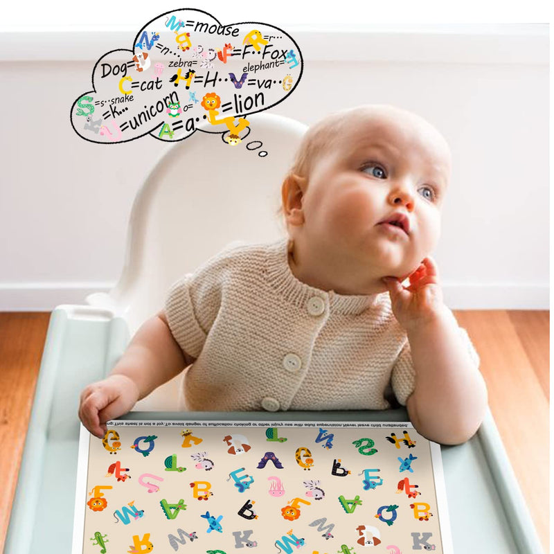 Disposable Stick-on Placemats for Baby&Toddler&Kids,Placemats That Sick on Dining Table at Family、Restaurant and Travel,Toddler placemat,40 Pack 12x18in Alphabet Animals Waterproof Table Mat