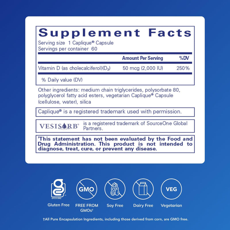 Pure Encapsulations Vitamin D3 VESIsorb, 60 Caplique Capsules | Supplement to Support Bones, Heart, Colon, Breast Health, and Enhanced Vitamin D Absorption* 60 Count (Pack of 1)