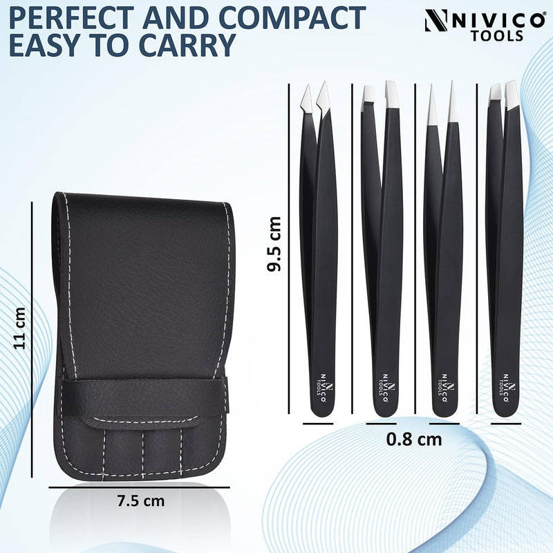 NIVICO Tweezers Set with Leather Pouch – Professional Stainless Steel Tweezers for Eyebrows Precision Facial Ingrown Hair Removal (Black)