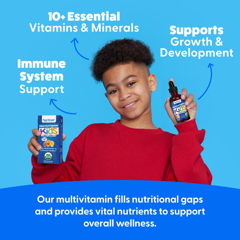 Feel Great Vitamins Organic Multivitamin Liquid Drops for Toddlers & Kids | Daily Essential Nutrients for Healthy Growth | No Iron, Sugar-Free | USDA Organic, Vegan, Non-GMO, Gluten-Free | 2 Fl Oz