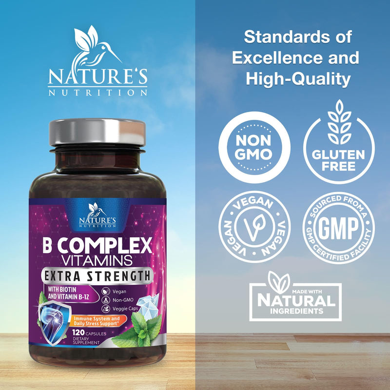 B Complex Vitamins Capsules - Super Complete B-100 Complex with Vitamin B12 B6 C Biotin Folate & Folic Acid for Immune & Energy Support - Supplement for Heart, Brain, & Nerve Support - 120 Capsules 120 Count (Pack of 1)