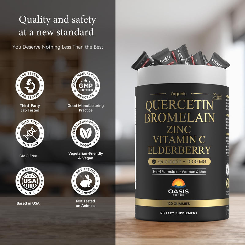 8-in-1 Quercetin with Bromelain Gummies 1000mg, High Potency Organic Quercetin Supplement with Zinc & Vitamin C, Elderberry, Seasonal Wellness & Immune Support, Vegan, Sugar Free, 120 Gummies