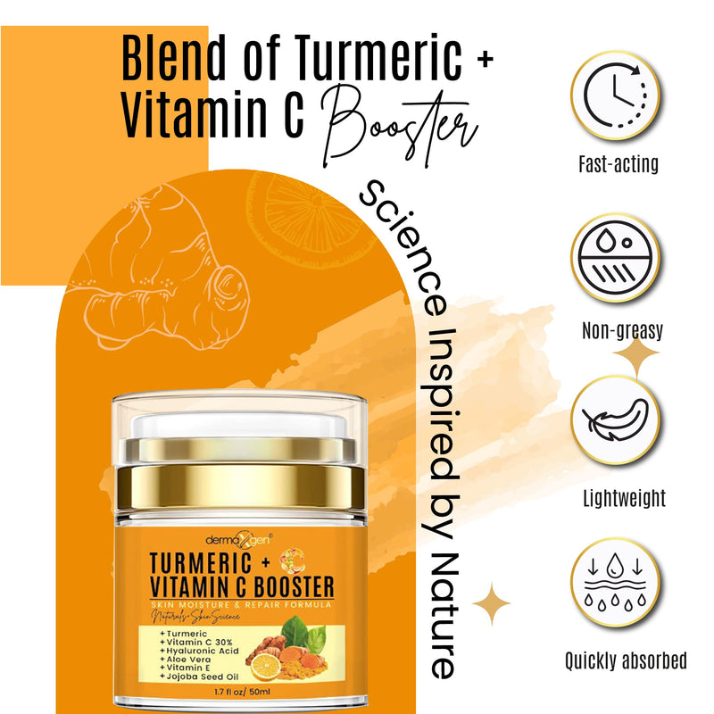 Turmeric Face Cream with 30% Vitamin C – Glow Booster, Anti-Aging & Skin Repair Moisturizer for Dark Spots, Hydration & Radiance – Vitamin C Cream for All Skin Types (1.7 fl oz) Turmeric Booster Cream