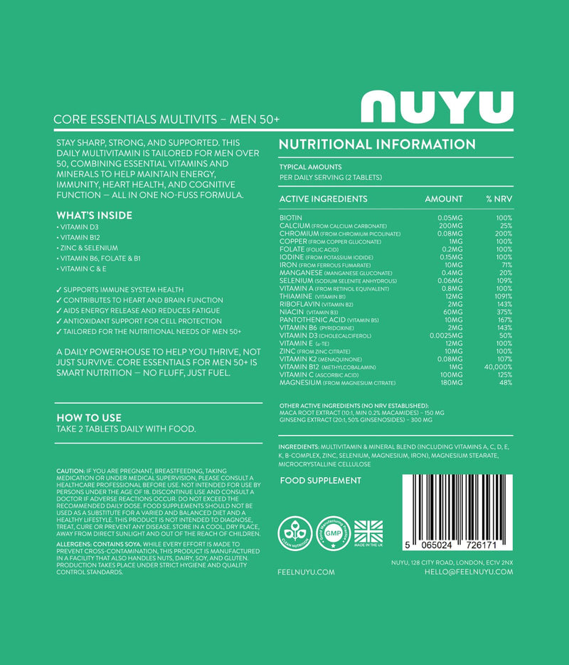NUYU Core Essentials MultiVits for Men 50+ - Tablets with 22 Essential Vitamins & Herbal Extracts for Immunity, Heart Health & Cognitive Function. Two-a-Day, 1 Month Supply. Made in The UK.