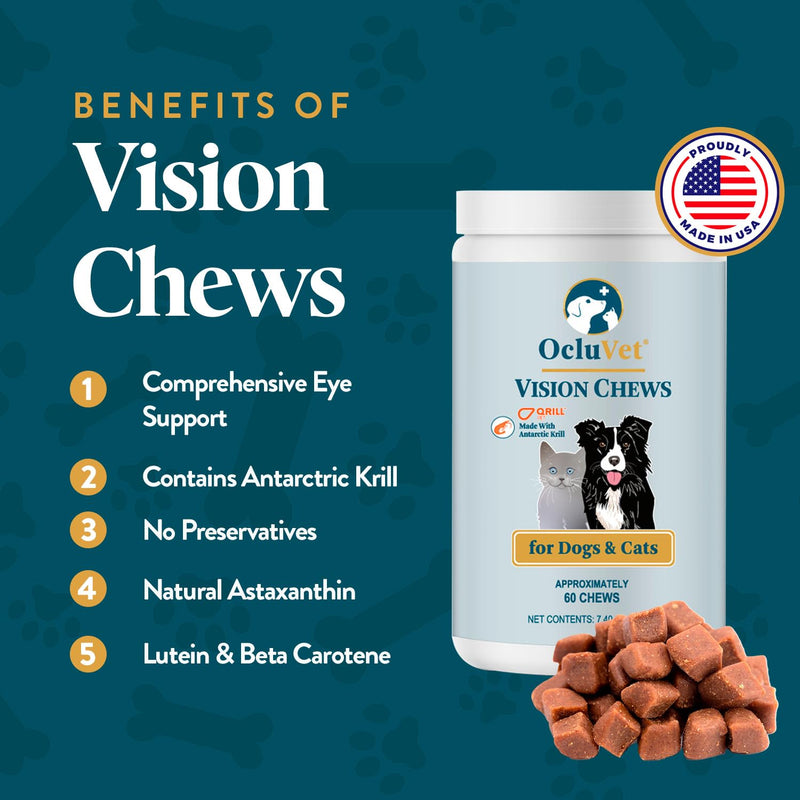 Vision Chews Eye Supplements for Dogs & Cats with Omega 3 Krill, Astaxantin, Choline, Lutein, Glutathione, Cat Vision Supplement & Dog Eye Supplements, Chicken Liver Flavor, 60 Chews, 3.5g Each - PawsPlanet Australia