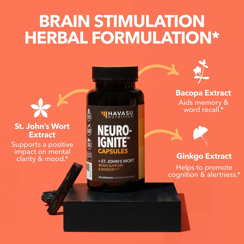 [Australia] - NeuroIgnite Brain Supplements for Memory and Focus Support with St Johns Wort & Ginkgo Biloba | Nootropics Brain Support Supplement | Cognitive & Memory Supplement for Brain Health | 2 Month Supply 60 Capsules (Pack of 1) 