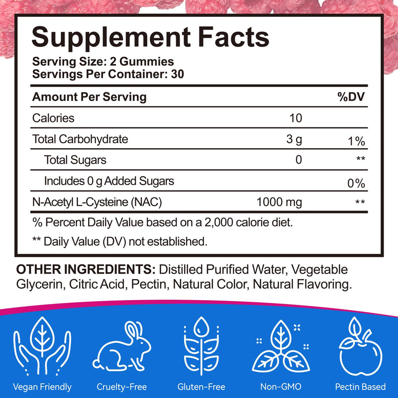 NAC N-Acetyl-Cysteine 1000mg Gummies, 60 Count | 30 Days Supply, Vegan N-Acetyl L-Cysteine Nutritional Supplements - Nac Supplement High Bioavailability Amino Acid for Skin & Hair