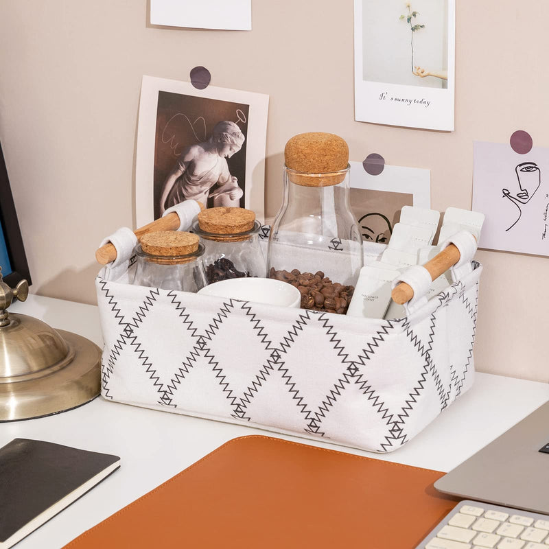 [Australia] - Decorative Collapsible Rectangular Fabric Storage Bin Organizer Basket with Wooden Handles for Clothes Storage, 11"×7.1"×3.9", White 11×6.7×3.5 inch 