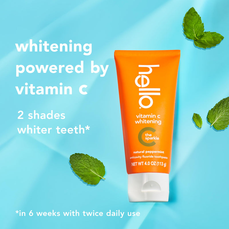 [Australia] - hello Vitamin C Whitening Toothpaste with Fluoride, Whitening SLS Free Toothpaste Pack, Up to 2 Shades Whiter Teeth, No Peroxide, Safe for Everyday Use, Natural Peppermint, 2 Pack, 4.0 Oz Tubes 4 Ounce (Pack of 2) 