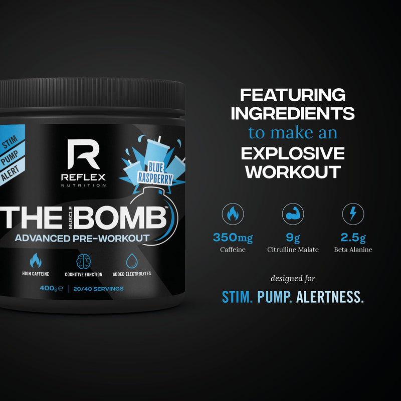 Reflex Nutrition The Muscle Bomb Caffeine Pre Workout Powder - 350mg Caffeine, 9g Citrulline Malate, 2.5g Beta Alanine - Energy, Pump & Focus for Explosive Workouts (Blue Raspberry, 400g, 20 Servings) Blue Raspberry