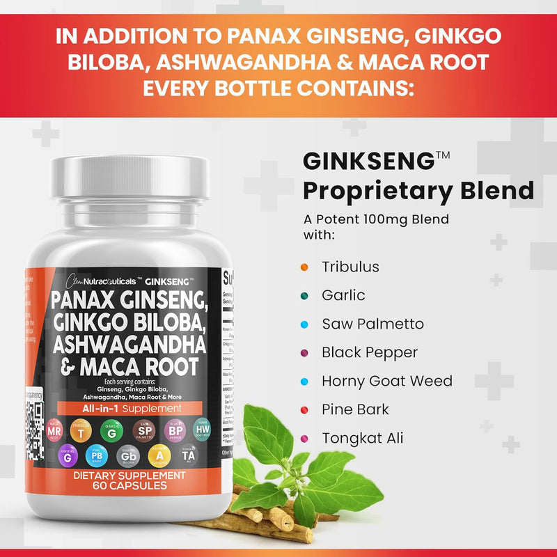 [Australia] - Clean Nutraceuticals Panax Ginseng 10000mg Ginkgo Biloba 4000mg Ashwagandha Maca Root 3000mg - Focus Supplement Pills for Women and Men with Pine Bark Extract, Garlic, and Saw Palmetto - 60 Caps 