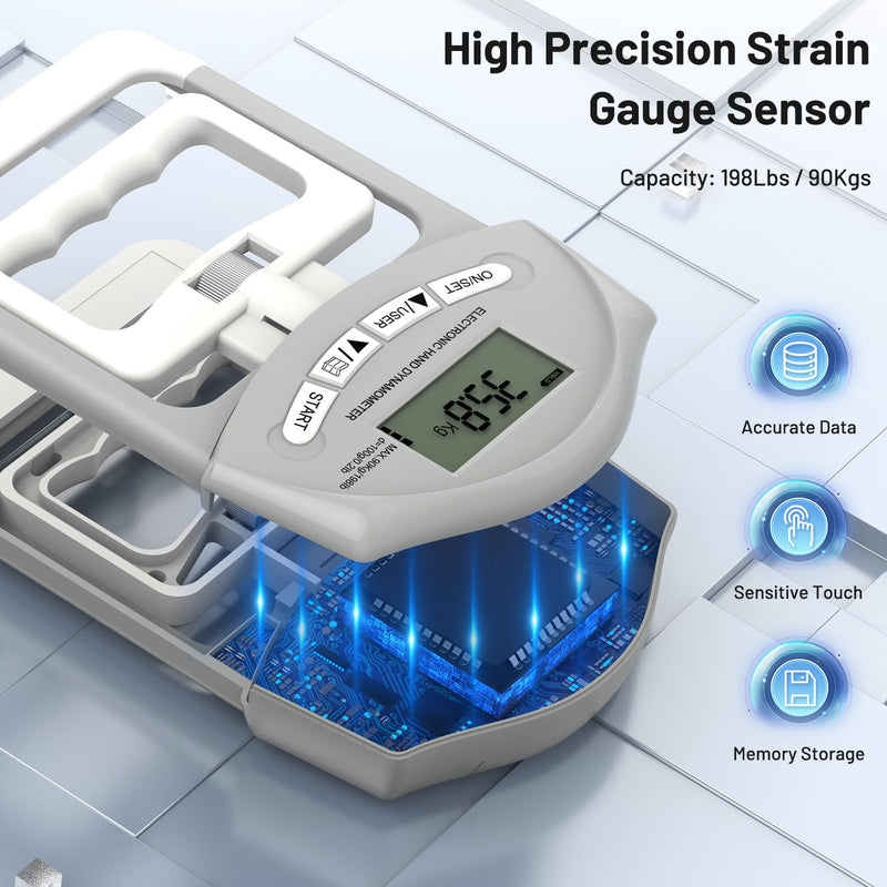 [Australia] - Kuptone Electronic Hand Dynamometer 90kg/200lbs Capacity Range Hand Grip Strengthener with 19 Sets Individual Plates Gray 