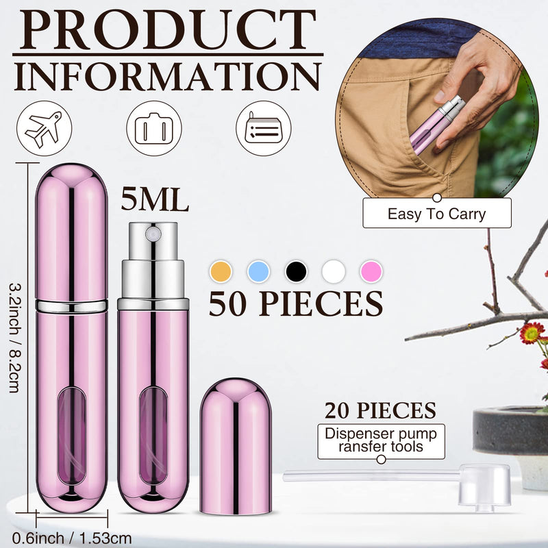 Gerrii 50 Pcs Travel Mini Perfume Refillable Portable Perfume Spray Bottle Perfume Pocket Perfume Dispenser with 20 Pcs Pump Accessories Essentials Spray Containers Scent Pump Case, 5ml (Multicolor) Multicolor