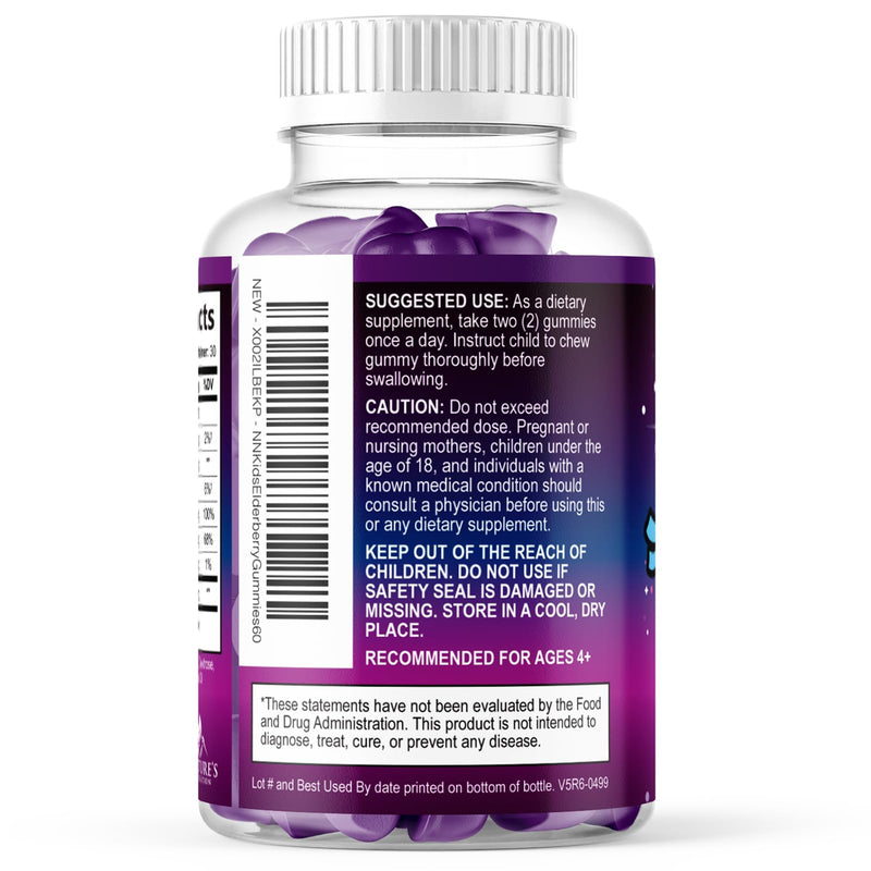 Kids Immune Support Elderberry Gummies - Daily Children's Vitamins C, Zinc & Kids Support Gummy - Nature's Sambucus Elderberry Supplement, Vegan, Gluten-Free, Tasty Berry Flavor - 60 Gummies 60 Count (Pack of 1)