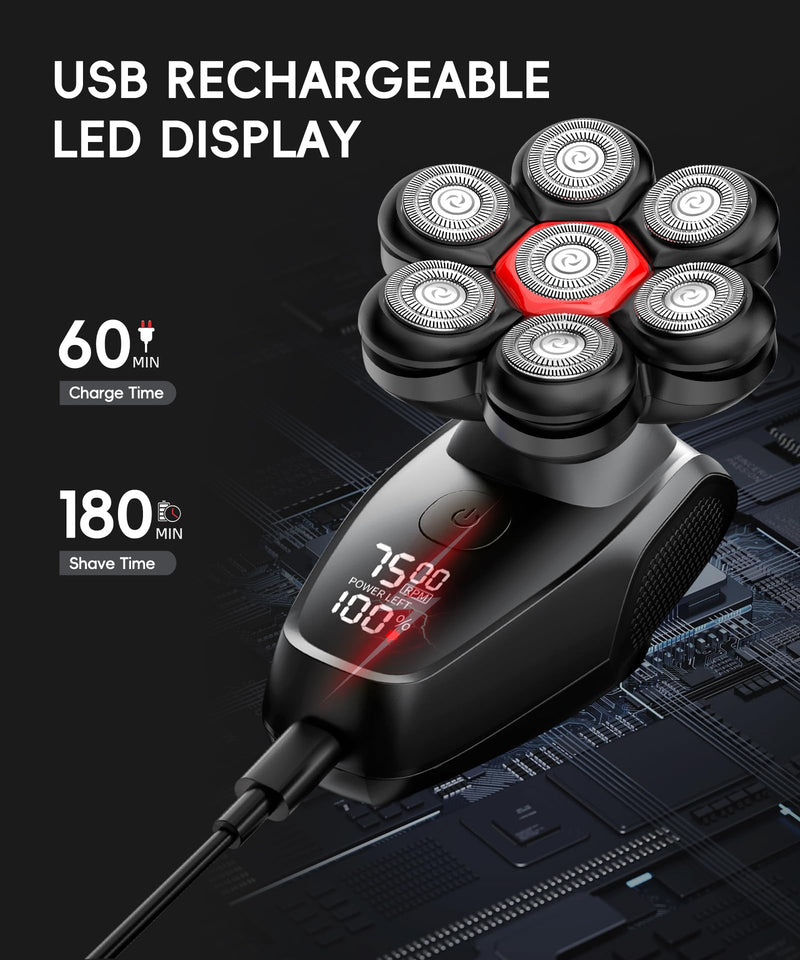 [Australia] - Head Shaver for Bald Men - 7D Magnetic Rotary Electric Razor, IPX8 Waterproof for Wet & Dry Use, with LED Display, USB-C Charging & 5-in-1 Grooming Kit Black 