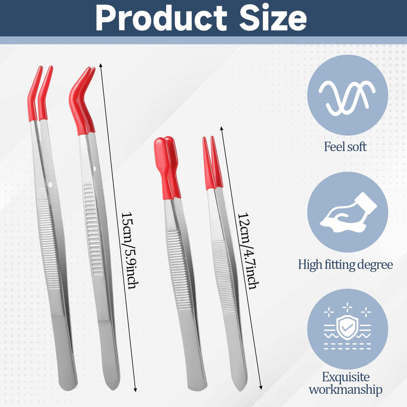 [Australia] - 4 Piece Tweezers with Rubber Tips Tweezers Flat Curved Tip with Red Silicone Coated PVC Rubber Jewelry Tweezers Long Tweezers for Stamp Jewelry Hobby Craft Industrial Electronic 