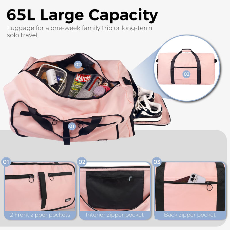 65L Duffle Bag Foldable Travel Duffel Bags for Men Women Travel Bag | Shoes Compartment, 65L Large Capacity, Foldable, Packable, Water Repellent, Tear Resistant, for Traveling Gym Overnight Camp Glossy Light Pink