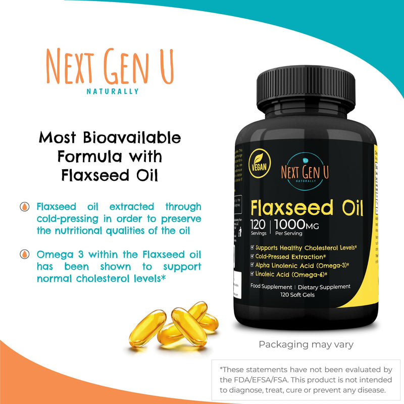 [Australia] - Next Gen U Flaxseed Oil w/Omega 3, 6, 9, Cold Pressed Dietary Health Food Supplement 1000 mg 120 Vegan Softgels 