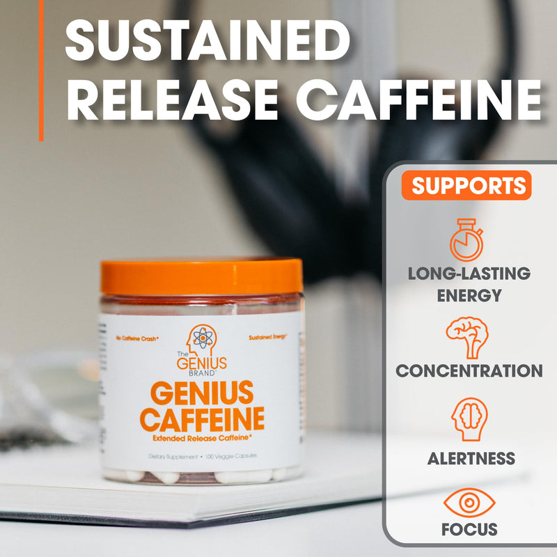 [Australia] - Genius Caffeine Pills 100mg, Extended-Release Microencapsulated Caffeine Pills - All-Natural Non-Crash Sustained Energy, Focus & Concentration Supplement - Nootropic Brain Booster - 100 Capsules 