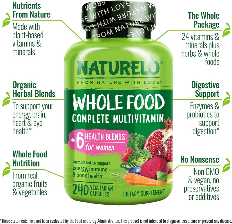NATURELO Whole Food Multivitamin for Women - with Vitamins, Minerals, & Organic Extracts - Supplement for Energy and Heart Health - Non GMO - 240 Vegan Capsules 240 Count (Pack of 1)