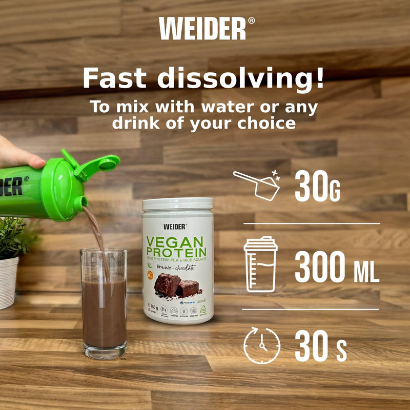 Weider Vegan Protein (540g) Brownie-Chocolate Flavour. Quality Protein 100% Plant-Based 21g/Serving, Pea Isolate (Pisane) & Rice. with Vitamin B12 & Stevia. Gluten Free, No Sugar. (18 Servings)