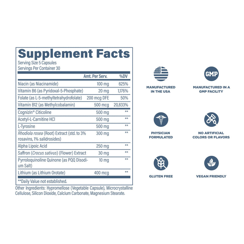 Revive MD Brain Supplement for Memory & Focus – Stimulant-Free Nootropic Formula for Cognitive Health with Niacin, Vitamins B6 & B12, Acetyl-L-Carnitine HCL & Alpha-GPC – 150 Capsules (30 Servings)