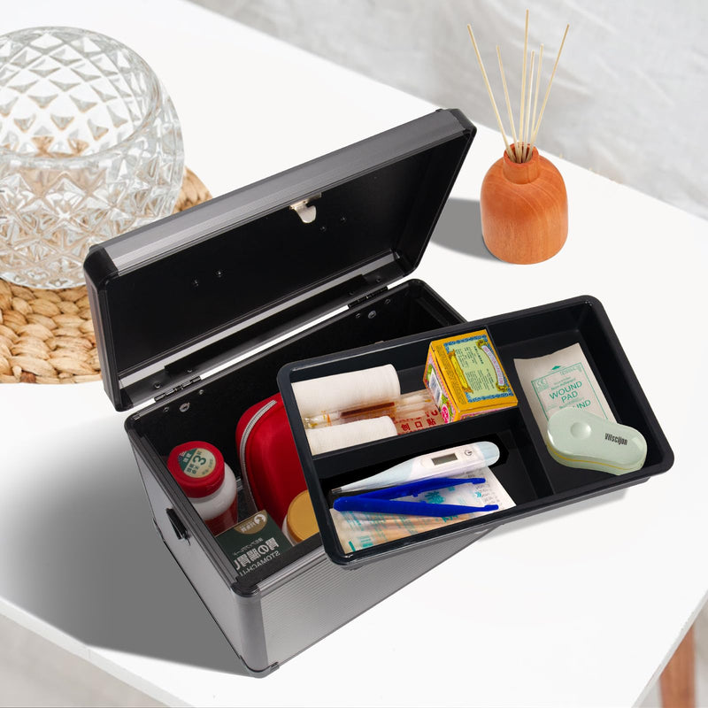 [Australia] - Medicine Lock Box with Key, Alluminum Alloy Box for Medication,First Aid Box with a Removeable Tray to Store Medicines & Pills for Home, Black 12 * 7.68 * 7.87 Inch Medium-12inch 