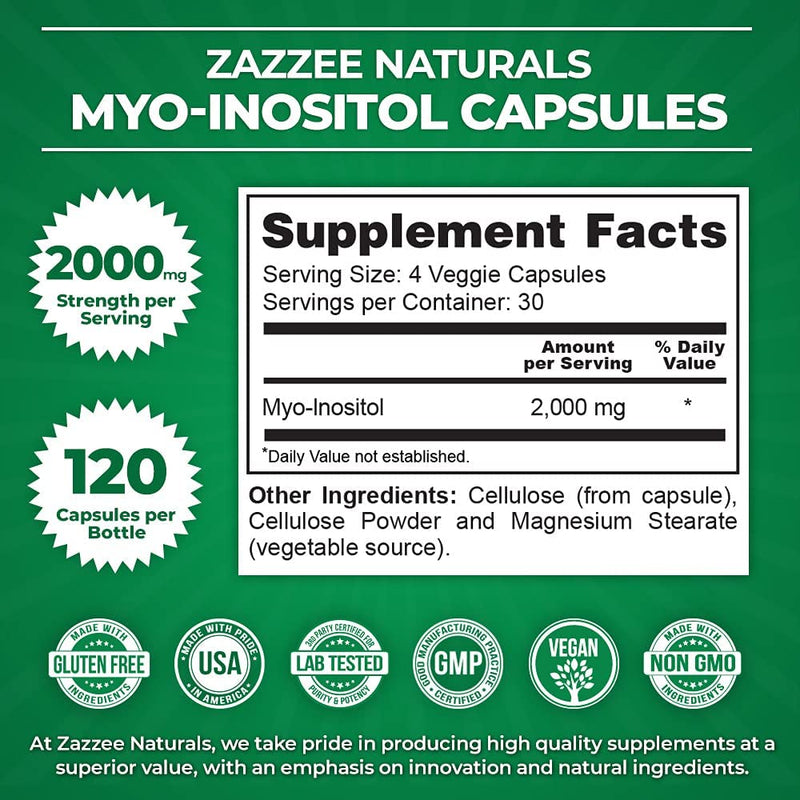 Zazzee 40:1 Ratio Myo and D-Chiro Inositol Supplement for Women | Myo Inositol Capsules Plus D-Chiro for Cycle Regulation Ovarian Support & Overall Hormone Balance for Women - Vegan & ISO Lab Tested