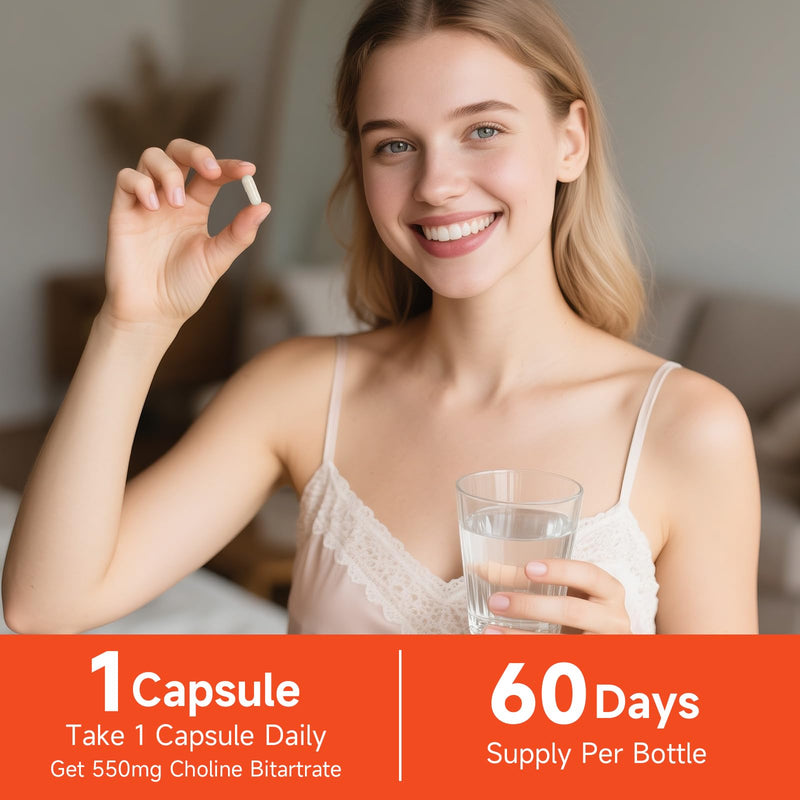 [Australia] - Choline Bitartrate 550mg, Supports Liver & Brain Health, High Absorption Choline Supplements, Non-GMO, Gluten-Free, Made in USA, 60 Vegan Capsules 60 Count (Pack of 1) 