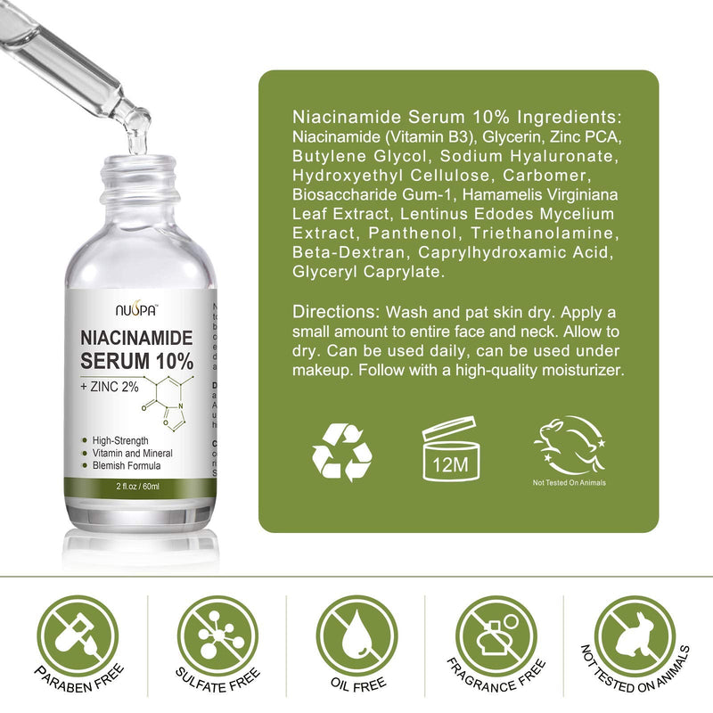 Niacinamide Serum 10% Plus Zinc 2% for Face Skin Care Vitamin B3 Facial Serum with Hyaluronic Acid for Acne Pore Reducer Treatment
