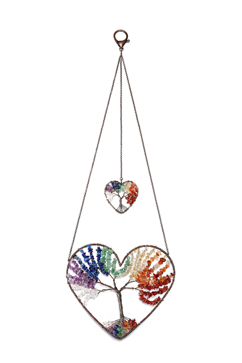 Jovivi Bundle - 2 Items Double Heart Tree of Life Hanging Ornament 7 Chakra Reiki Healing Crystals + 7 Chakra Healing Crystals Tree on Agate Slice Base