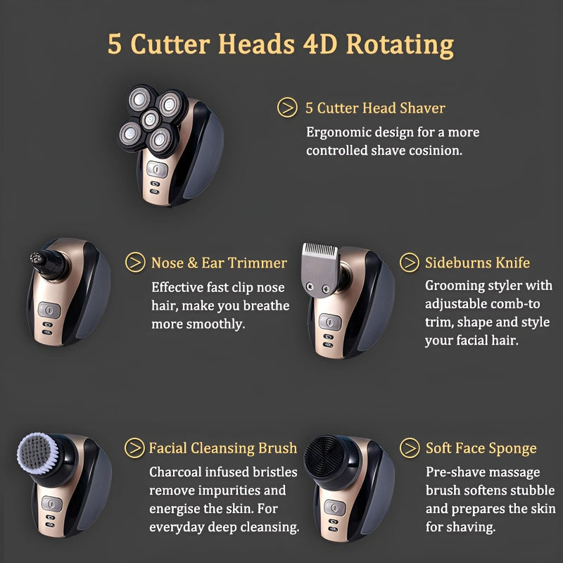 [Australia] - Five in one Razor USB Charging Cable, Instruction Manual, Cleaning Brush, Silicone Head, Barber Head, face wash Head, Nose Hair Device, Shaver 5 Knife Head, Limit Comb 