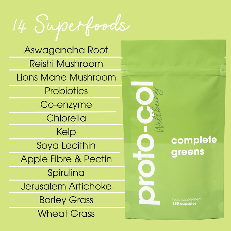 Proto-col Super Greens Capsules, Green Blend of 15 Organic Superfoods Ashwagandha, Spirulina & Chlorella, Removes Toxins & Boost Energy, Vegan Energy, Detox & Gut Health Supplement (150 Capsules)
