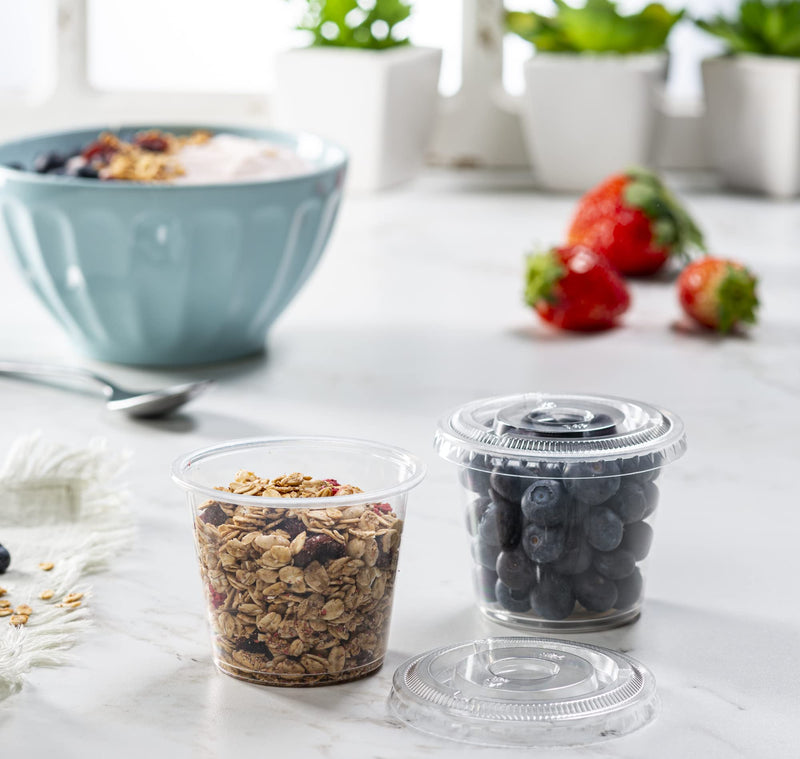 [Australia] - (5 oz - 100 Sets) Clear Diposable Plastic Portion Cups With Lids, Small Mini Containers For Portion Controll, Meal Prep, Sauce Cups, Slime, Medicine, Dressings, Crafts, Disposable Souffle Cups 5 Ounce 