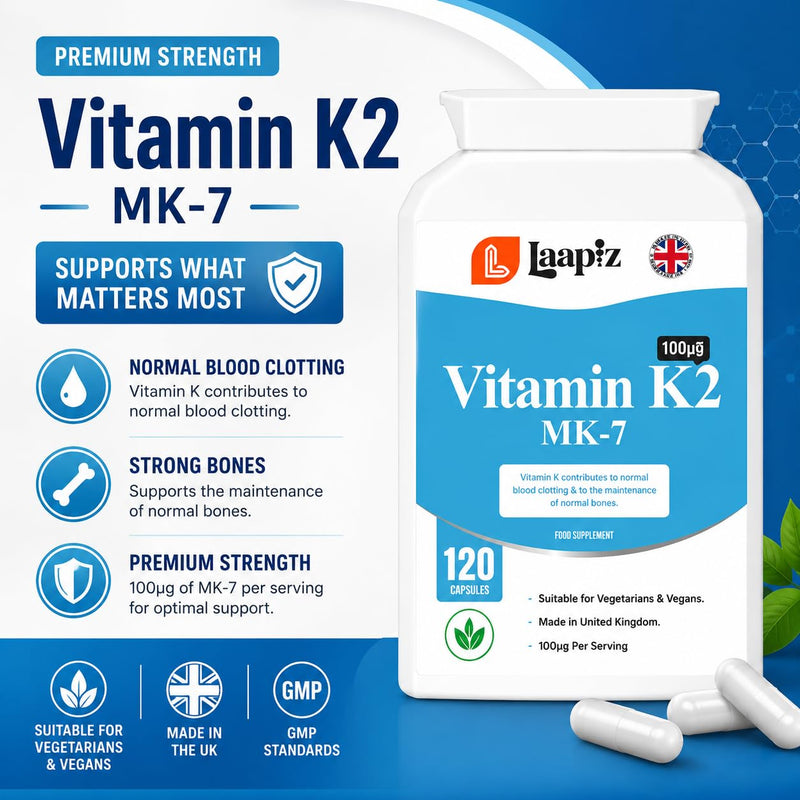 Vitamin K2 MK-7 100µg 120 Vegan Capsules - 4 Months Supply | High Strength Vitamin K2 Supplement | Supports Normal Blood Clotting & Maintenance of Normal Bones | GMP Approved