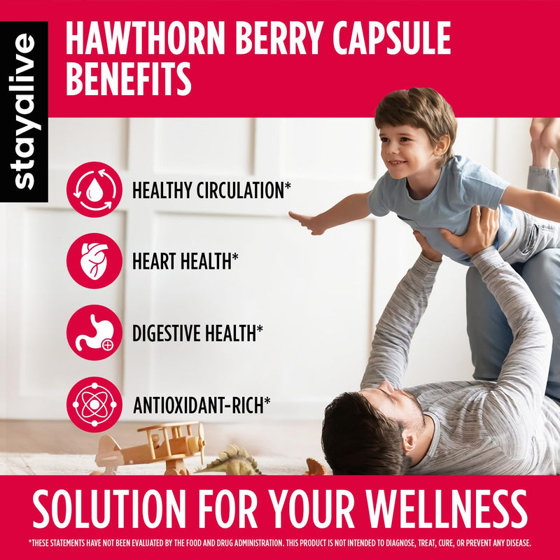 [Australia] - STAY ALIVE Extra Strength Hawthorn Berry Capsules, 20:1 Extract, 6-in-1 Antioxidant w/Citrus Bergamot, Turmeric Root Powder, Garlic, Arjuna & Black Pepper, 120 Vegan Pills, Hawthorne Berry Supplement 