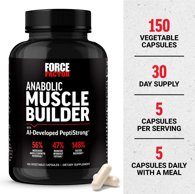 Force Factor Anabolic Muscle Builder, Muscle Building Supplement for Men | Support Muscle, Strength & Recovery, Reduce Fatigue, with AI-Developed PeptiStrong, 150 Capsules 150 Count (Pack of 1)