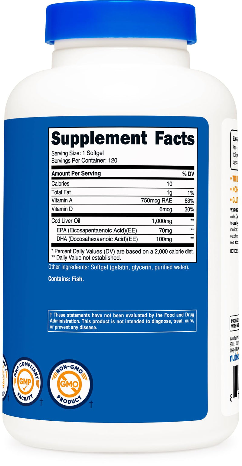 [Australia] - Nutricost Cod Liver Oil 1000mg, 120 Softgels - Non-GMO & Gluten Free 