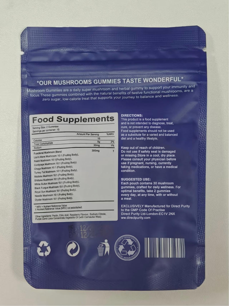 12-in-1 Mushroom Gummies with Lion’s Mane: Enhance Energy & Focus Mushroom Supplement, Reish, Raspberry Flavor, 30 Gummies
