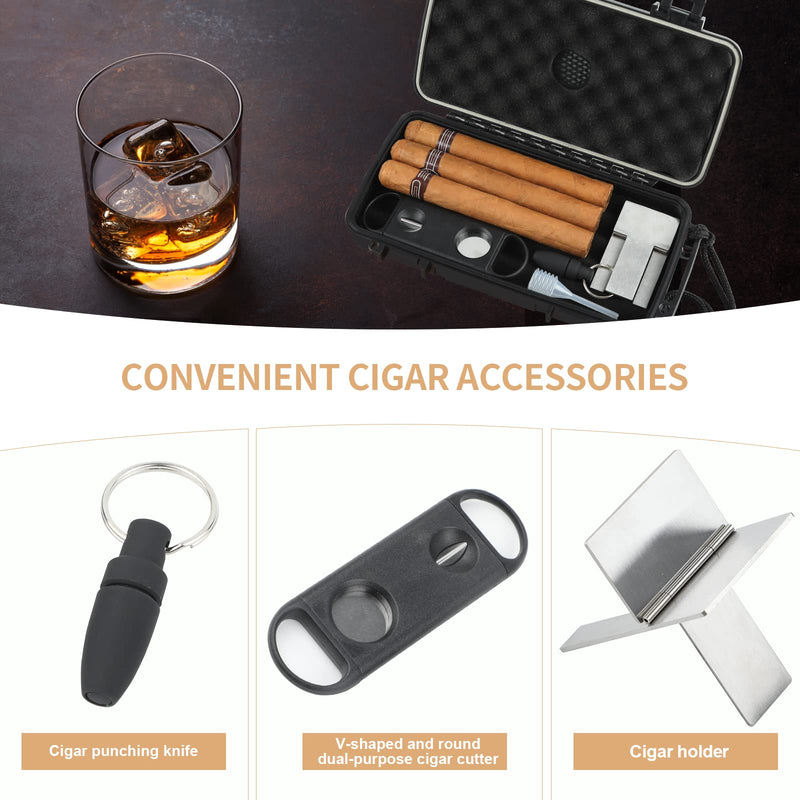 [Australia] - Travel Humidor Box With Cigar Accessories - Spanish Cedar, Humidifier, Cutter, Stand, Punch - Holds 4-5 Cigars - Waterproof, Crushproof, Airtight Seal Store 4-5 cigars 