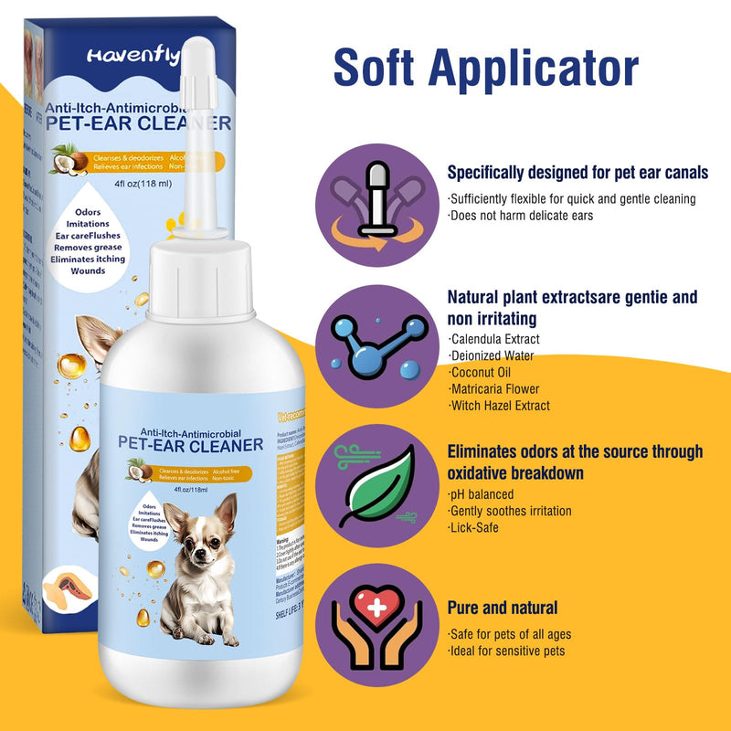Ear Cleaner for Dogs and Cats 4 oz, Gentle and Non Irritating Dogs Ear Infection Treatment, Itch Relief Pet Ear Drops,Dog Ear Wash Removes Wax, Odor with 10 Cotton Swabs - PawsPlanet Australia