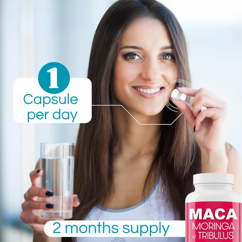 Maca with Moringa and Tribulus Terrestris Capsules - Black, Red and Yellow Maca Root – Pure Maca Powder, Peruvian Maca, Organic Maca Powder - for Women and Men, Maca Supplement with Black Maca Root