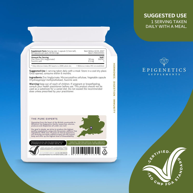 Zinc + Succinic Acid 30 | 30mg Zinc Bisglycinate with 1.5mg Succinic Acid Supplements | High Strength Mineral Supplement | 60 Vegan Friendly Capsules UK Made | 1 Capsule Daily | Long Two Month Supply