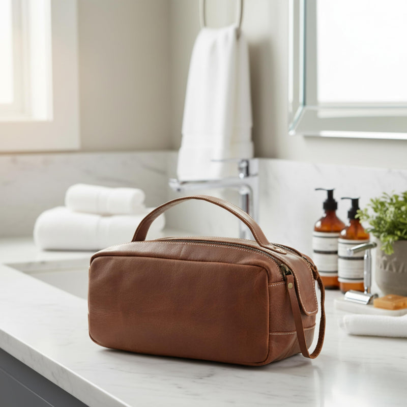 Leather Toiletry Bag for Men - Genuine Full Grain Leather Dopp Kit “Golden Oak” - Large Travel Shaving Kit Organizer Grooming Bag