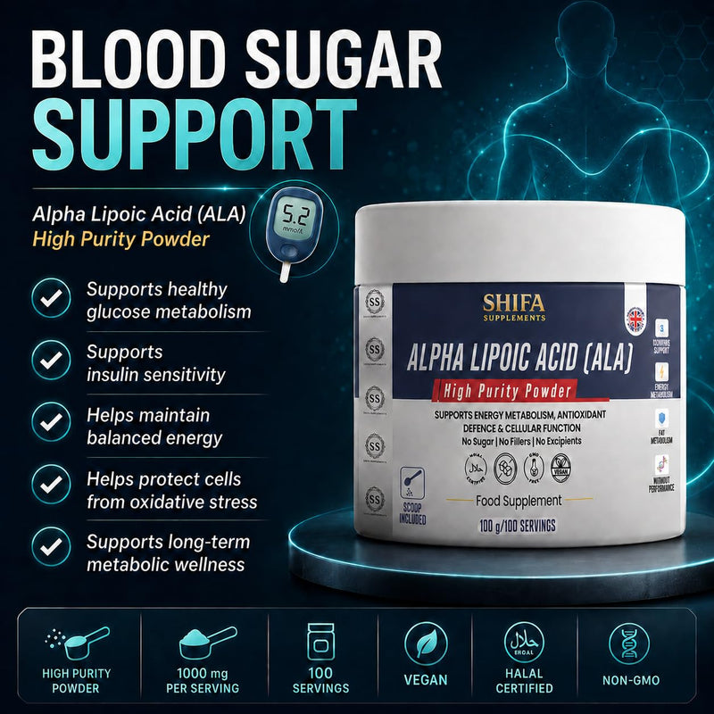 Alpha Lipoic Acid Powder 100g | 1000mg Per Serving | High Purity ALA | Antioxidant & Energy Support | Vegan | Halal Certified | Non GMO | GMP Manufactured