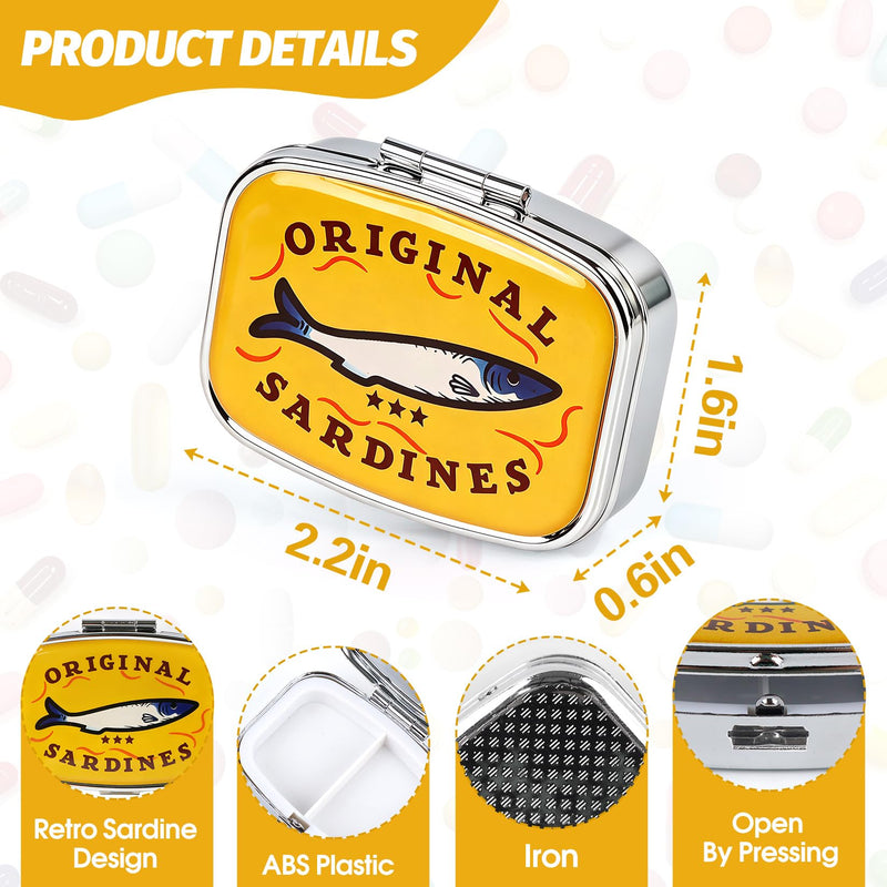 Retro Sardines Small Pill Organizer 2 Times a Day for Women Men - Yellow | Metal AM PM Daily Pill Box with Mirror for Medicine Vitamin Supplement, Privacy Protection Office Travel Pill Case for Purse